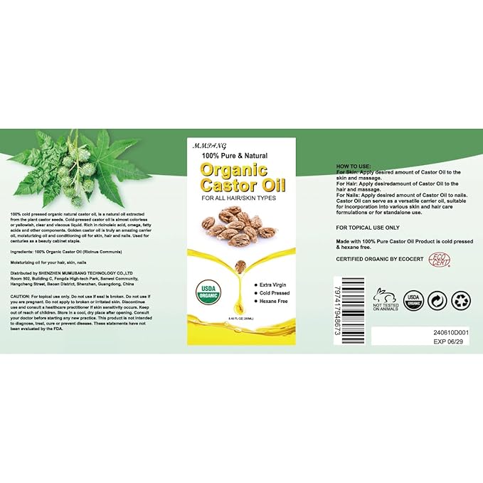 Organic Castor Oil for Lashes Grow, Caster Oils Brow with USDA Certified 100% Pure Natural Glass Bottle, Cold Pressed, Hexane Free. Castor Oil for Hair Growth, Thicker Fuller Brows,8oz