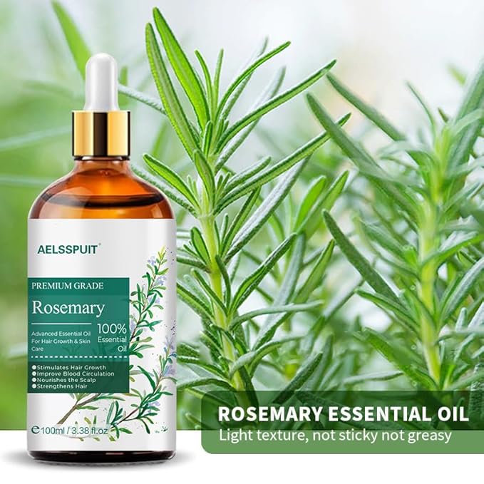 Rosemary Essential Oil for Hair Growth & Scalp Care - 3.38 Fl Oz (100ml) 100% Pure Organic Cold Pressed Oil in Glass Bottle - Aromatherapy Diffuser, Skin & Nail Treatment(Large, Rosemary)
