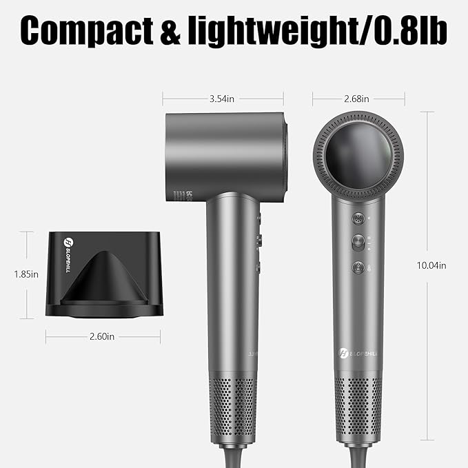 slopehill 110,000 RPM Professional Hair Dryer - 0.8lb Ultra-Lightweight, 2 Billion Ion Technology for 98% Frizz Reduction, AI Smart-Temp Control, Magnetic Attachments for All Hair Types (Dark Grey)