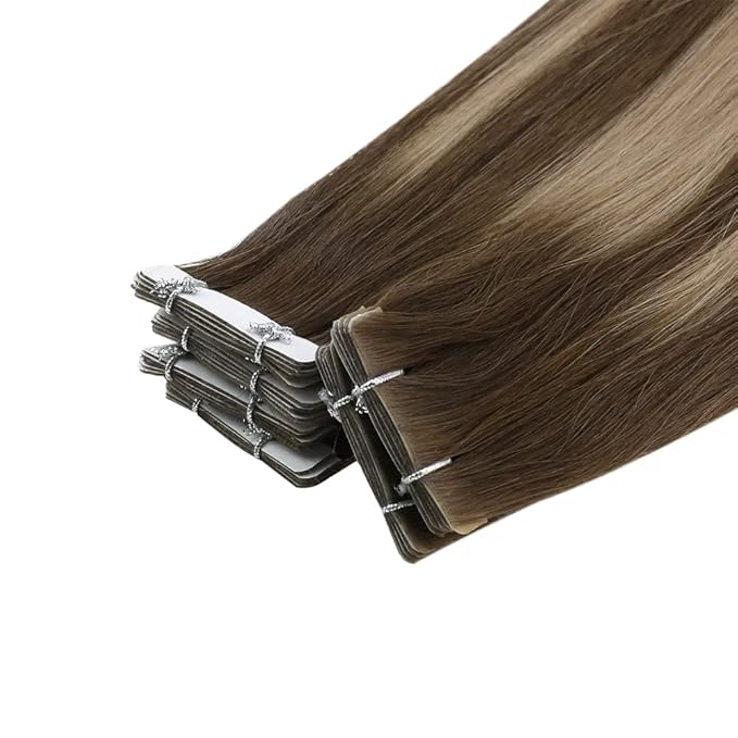 Full Shine Virgin Injection Tape in Hair Extensions Color 4 Brown Fading to 27 Blonde And 4 Injected Tape in Hair Extensins Machine Remy Seamless Tape in Extensions 18 Inch 12.5 Gram 5Pcs