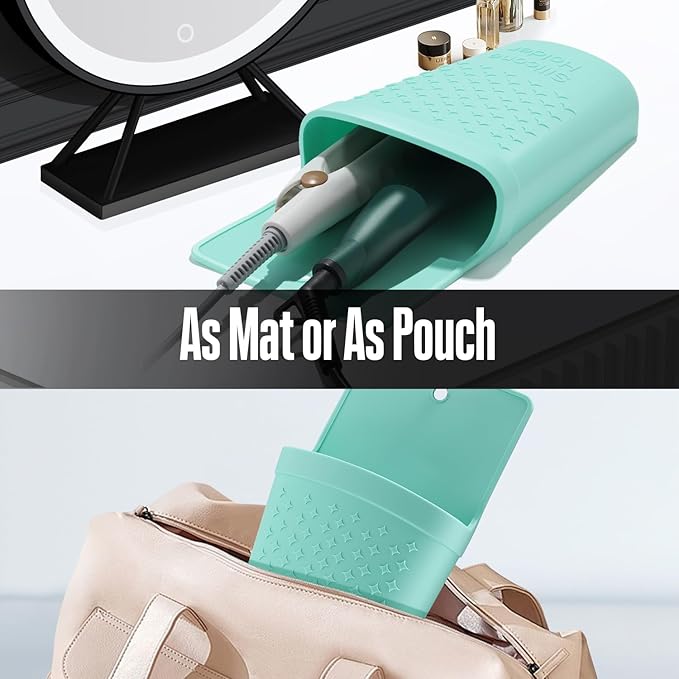 2 Pack Heat Resistant Silicone Hair Iron Mat and Pouch,Portable Travel Hair Straightener Mat and Holder for Hair Styling Tools.(Mint Green)