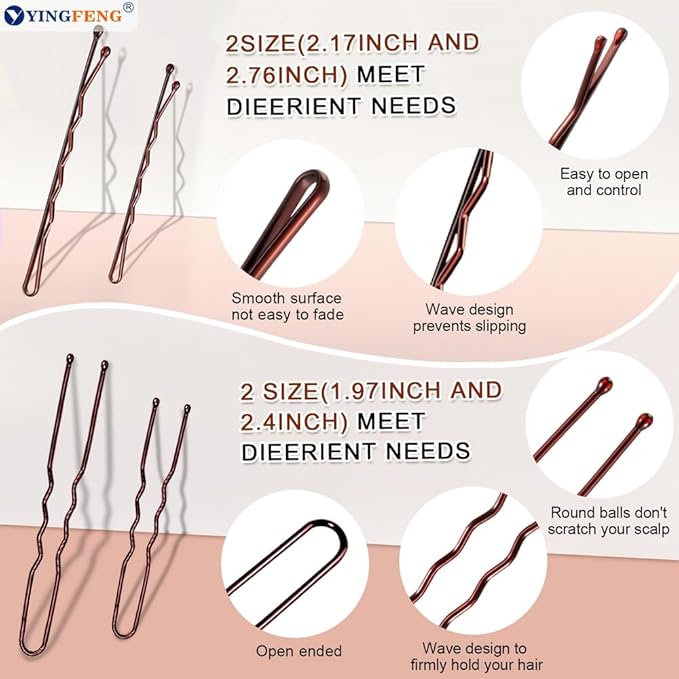 510PCS Brown Bobby Pins Hair Pins Kit with Hair Net, YINGFENG Includes 100 Bobby Pins for Women, 100 U-Shaped Buns Hair Clips, 300 Hair Bands and 10 Brown Hair Nets, Dance competition must haves