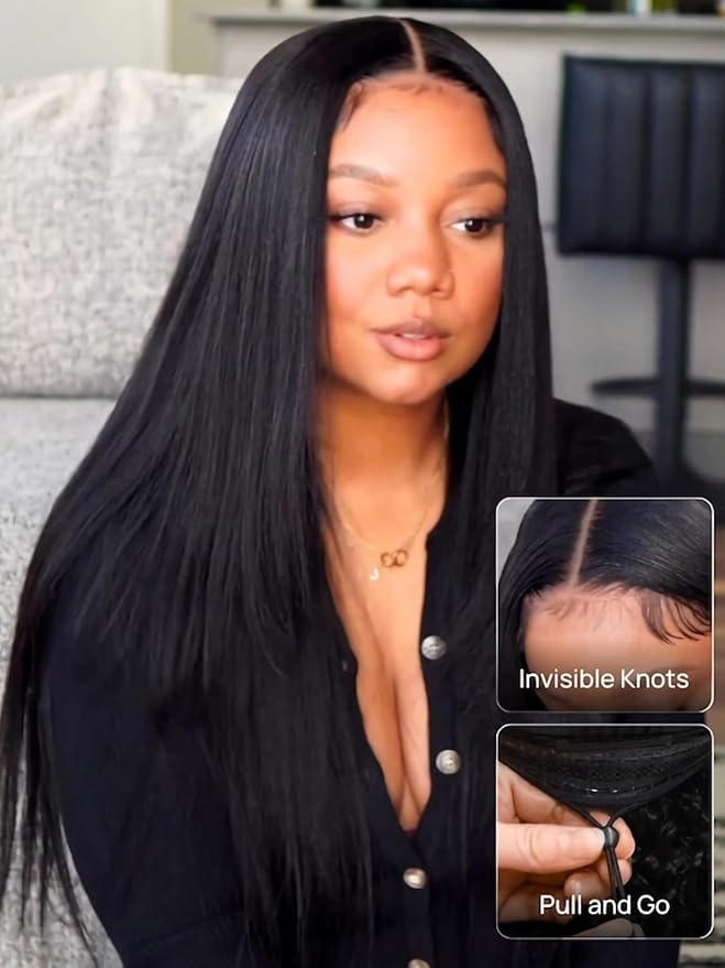 Julia Hair Yaki Straight Pre Cut HD Lace Closure Wigs Human Hair with Elastic Drawstring Glueless Wig Human Hair 7x5 Lace Front Bye Bye Knots Wig Pre Plucked Bleached Knots Natural Hairline 26 Inch