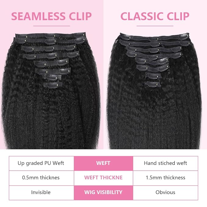 Seamless Clip In Hair Extensions Human Hair Kinky Straight 22inch 120g 8pcs Seamless Clip Ins For Black Women Real Human Hair Extensions Full Head kinky clip ins Invisible Pu Skin Weft Natural Black