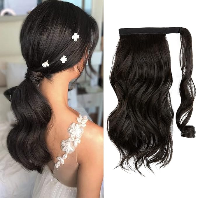 CJL HAIR 14" Short Ponytail Hair Extension Wrap Around Pony Tail Clip in Curly Wavy Synthetic Fake Hairpiece for Women Black Brown