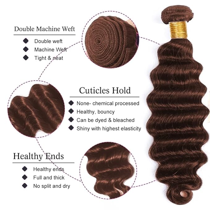 24 26 28 Inch Color 4 Bundles Human Hair Chocolate Brown Deep Wave Bundles Brazilian Virgin Remy Hair Extensions Niegmeag Double Weft Soft and Silky Color 4 Deep Wave Bundle 300g