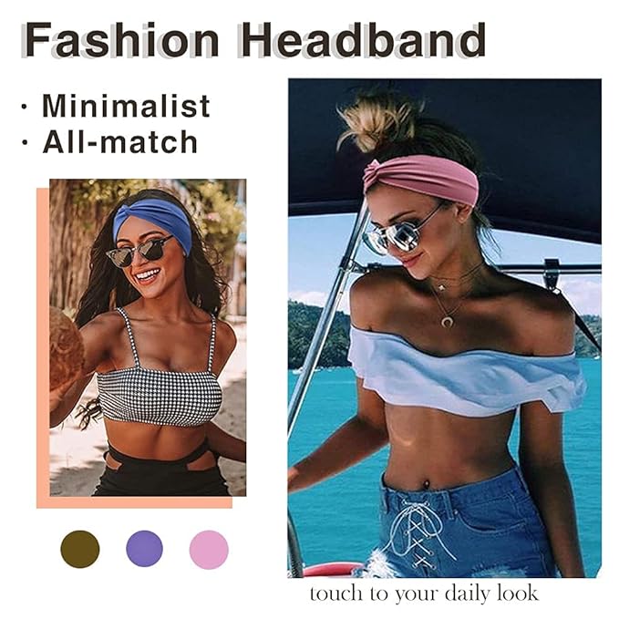 Tobeffect Headbands for Women Non Slip Turban Headband Boho Wide Head Band Womens Hair Wraps Accessories for Teen Girls 8 Pack Solid Colors