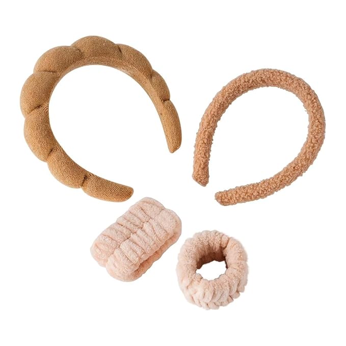 2Pcs Spa Headband for Washing Face & 1 Pairs Wristband Set Sponge Makeup Skincare Headband &Terry Cloth Bubble Soft Hairband for Women Girl Puffy Padded Headwear Non Slip Thick Hair Accessory (brown)