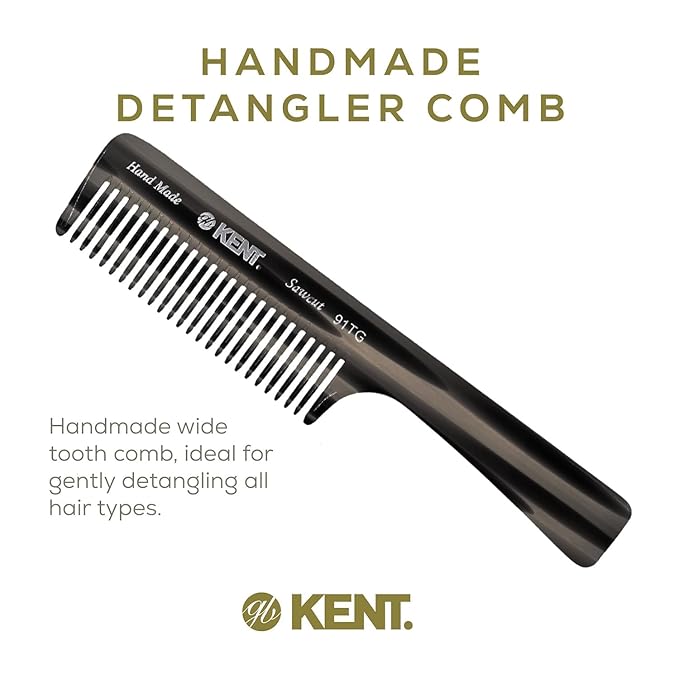 Kent 91T Black Graphite Wide Tooth Detangler Hair Comb for Curly and Wavy Hair - for Women and Men, Large Handle Shower Comb for Effective Detangling for Wet Hair, Handmade Polished