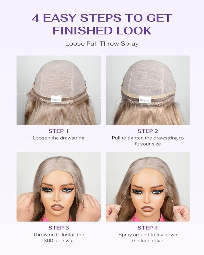 Hidden Strap Milk Tea Ash Blonde Wig Human Hair Body Wave 360 Lace Front Wig Human Hair Ombre Glueless Wigs Pre Bleached Bleached Knots 180% Density Drawstring HD Full Lace Wigs 26Inch