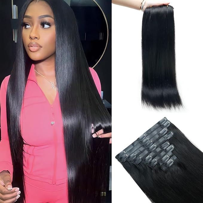 Straight Clip in Hair Extensions Real Human Hair 2 Pack 240g Seamless Clip in Hair Extensions for Women Full Max with 16Pcs PU Skin Weft 16inch Natural Black