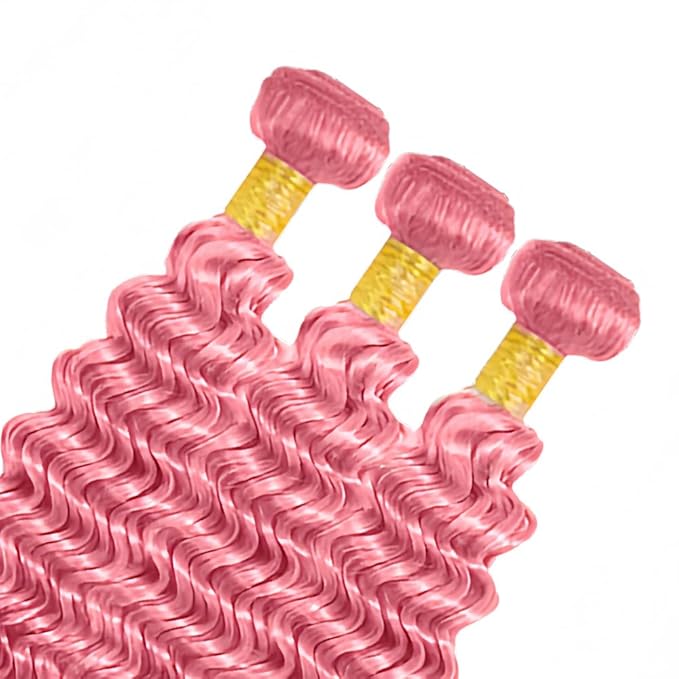 30 32 34 Inch Pink Deep Wave Bundles Human Hair Light Pink Bundles Niegmeag Brazilian Virgin Soft and Silky Remy Hair Extensions Pure Pink Deep Wave Bundle