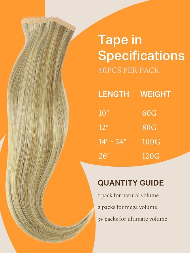 DOORES Hair Extensions Tape in Human Hair, Light Blonde Highlighted Golden Blonde 20 Inch 40pcs 100g, Tape in Hair Extensions Reamy Straight Hair Natural Hair