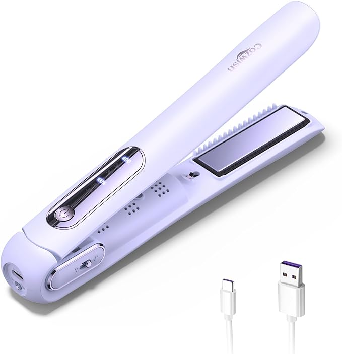Cordless Hair Straightener, Portable Flat Iron and Curler 2 in 1, Fast Heat, Type-C Rechargeable, for Travel/Home (Purple)