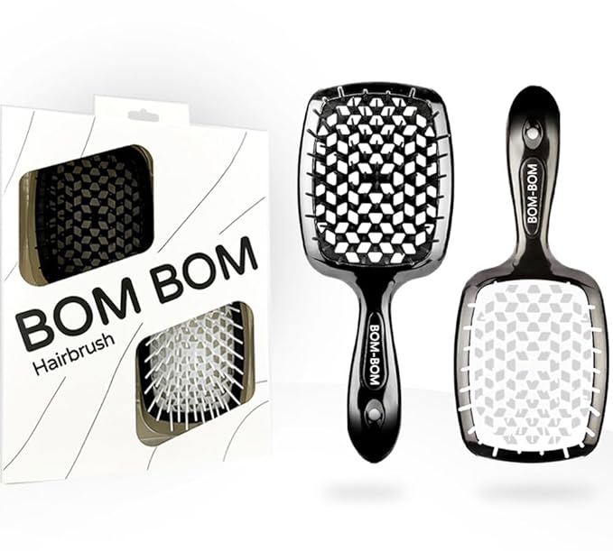BOM BOM 2 Unit Kit, Wet And Dry Vented Detangling Hair Brush For All Hair Types, Light Weight Hairbrush, Scalp Massage Brush (Black white)