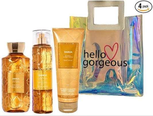 Bath & Body Works - 3 Piece Bundle - Spray - Body Cream - Shower Gel - Full Size and Gift Bag HELLO GORGEOUS (Dahlia)