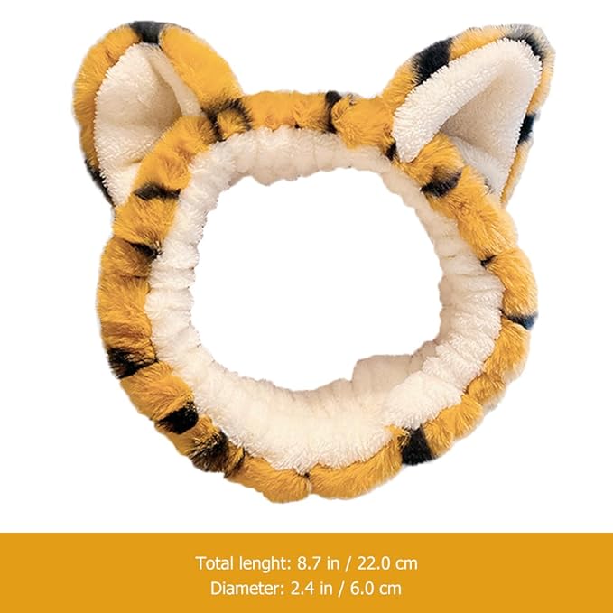 2pcs Tiger Plush Hairbands for Women Wide Elastic Fuzzy Head Wraps with Cute Ears Soft Spa Headbands for Face Washing Makeup Skincare Shower and Mask Application White Yellow
