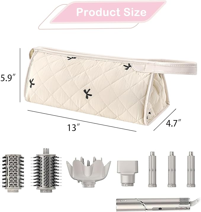 Large Quilted Hair Tools Travel Bag,Aesthetic Waterproof Hair Styling Accessories Storage Case for Flat Irons,Straightener,Curling Iron,Hair Dryer,Dyson Airwrap Travle Bag（05White Bow）