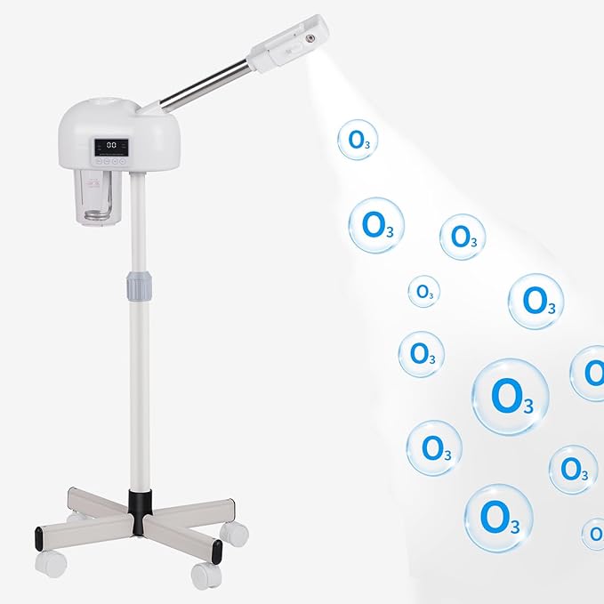 Stand Ozone Professional Facial Steamer with Digital Display, Adjustable Height & Rolling Base, Timer Function, 360° Rotatable Nozzle, Hot Mist Function, Use for Home, Salon SPA (White)
