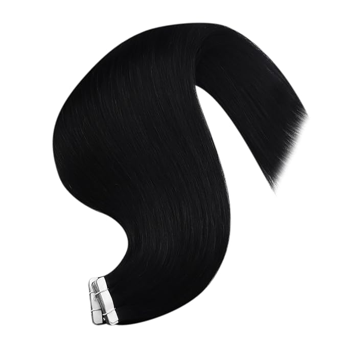 YoungSee 28 Inch Tape in Hair Extensions Human Hair Black Tape in Extensions Real Human Hair Tape-in Hair Extension Black Girl Glue in Hair Extension for Long Hair 50g 20pcs
