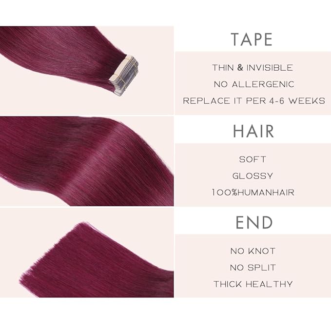 Tape in Hair Extensions Real Human Hair 24 Inch Burgundy Double Sided Tape for Skin Weft Hair Extension Invisible Tape in Hair Extensions Straight Remy Human Hair for Women 20pcs (99J#,24 Inch)