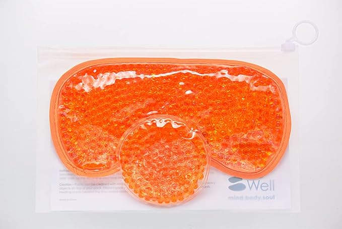 HOT +Cold Aqua Pearls Plush Eye Mask with Soft Plush Backing and Fully Adjustable Strap, Bonus Mini Round pad-2PACKS(Orange, Eye Mask+ Mini Round Pad)