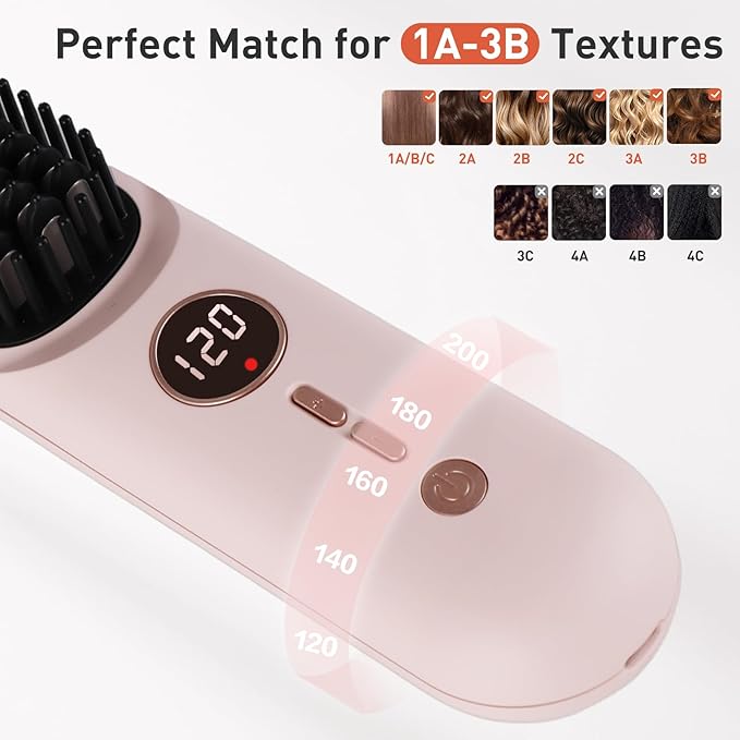 TANSHINE Cordless Hair Straightener Brush with 6000mAh Battery, Negative Ions & LCD Display - Portable Straightening Comb for Travel,Rechargeable Mini Hot Straightening Comb for Women,Pink