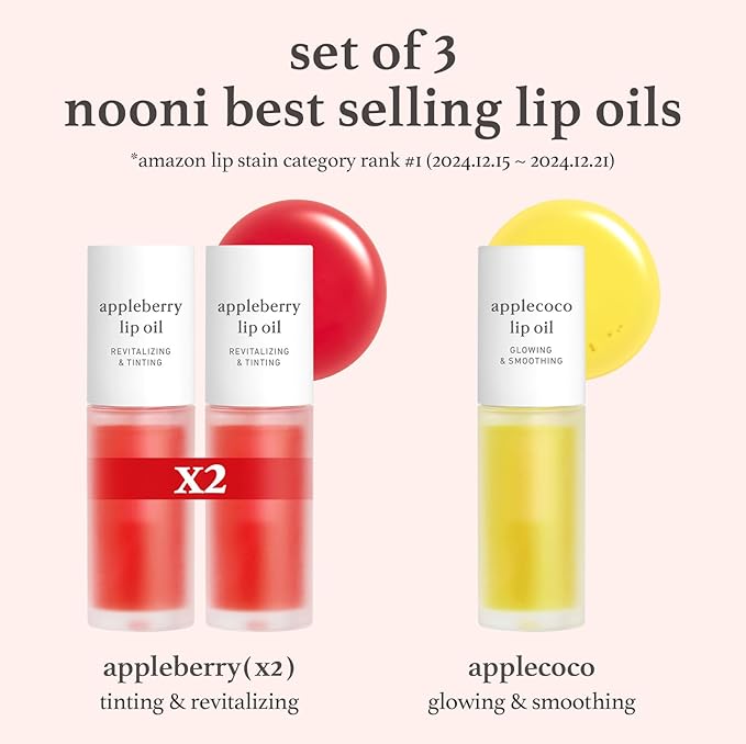 NOONI Korean Lip Oil Gift Set - Appleseed Lip Oil Trio, Tinted Lip Care, Hydrating, Lip Plumping, Long Lasting Moisture, Korean Vegan Makeup for Women, 0.12 Fl Oz x 3ea
