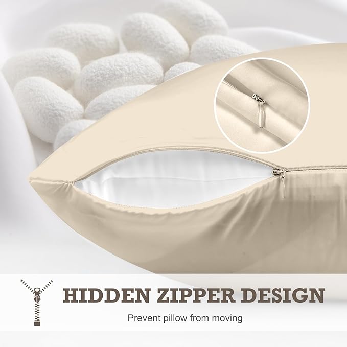 100% Mulberry Silk Pillowcase 2 Pack,King Size Silk Pillow Cases for Hair and Skin,Silky Smooth Bed Pillow Cover with Hidden Zipper,Natural Silk Pillow Case Set of 2 (Beige, King 20X36)