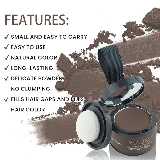 VOLLUCK Root Touch up Powder, Instant Hairline Powder for Thinning Areas and Gray Hair Coverage, Natural and Non-greasy Root Cover up for Women and Men (Medium Brown, 0.14 Ounce)