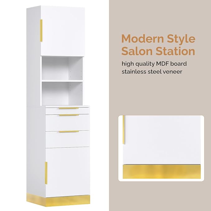 OmySalon Salon Station, Barber Station for Hair Stylist, Beauty Storage Cabinet with Stainless Steel Finish & Drawers & Dryer Holders, Modern Spa Equipment for Barbershop, White