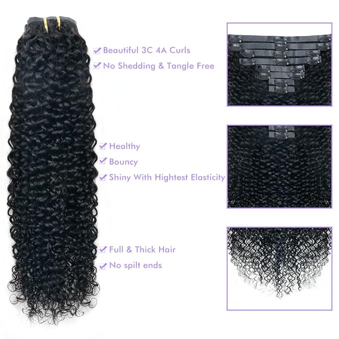Seamless 3C 4A Kinky Curly Clip In Extension PU Weft Curly Clip in Extension Human Hair Clip Ins Full Head for Black Women Brazilian Remy Human Hair Natural Color 8Pcs with18clips 120g/Set (26 inch)