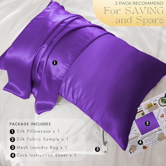 PROMEED Upgraded Grade 6A+ Purple Silk Pillowcase with Zipper, 23 Momme Natural Mulberry Silk Pillow Cases for Hair and Skin - Easy Care with Laundry Bag (Queen 20"x30", Purple)