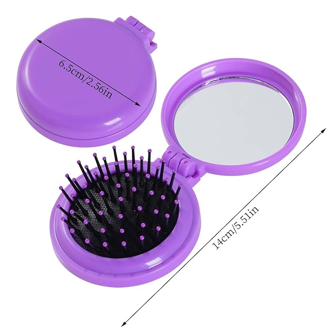 2pcs Folding Travel Mirror Hair Brushes Round Mirror Pocket Hair Brush Portable Mini Pop Up Hair Brushes for Women Girls Wet and Dry Hair (Purple, Black)