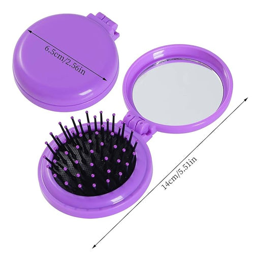 2pcs Folding Travel Mirror Hair Brushes Round Mirror Pocket Hair Brush Portable Mini Pop Up Hair Brushes for Women Girls Wet and Dry Hair (Purple, Black)