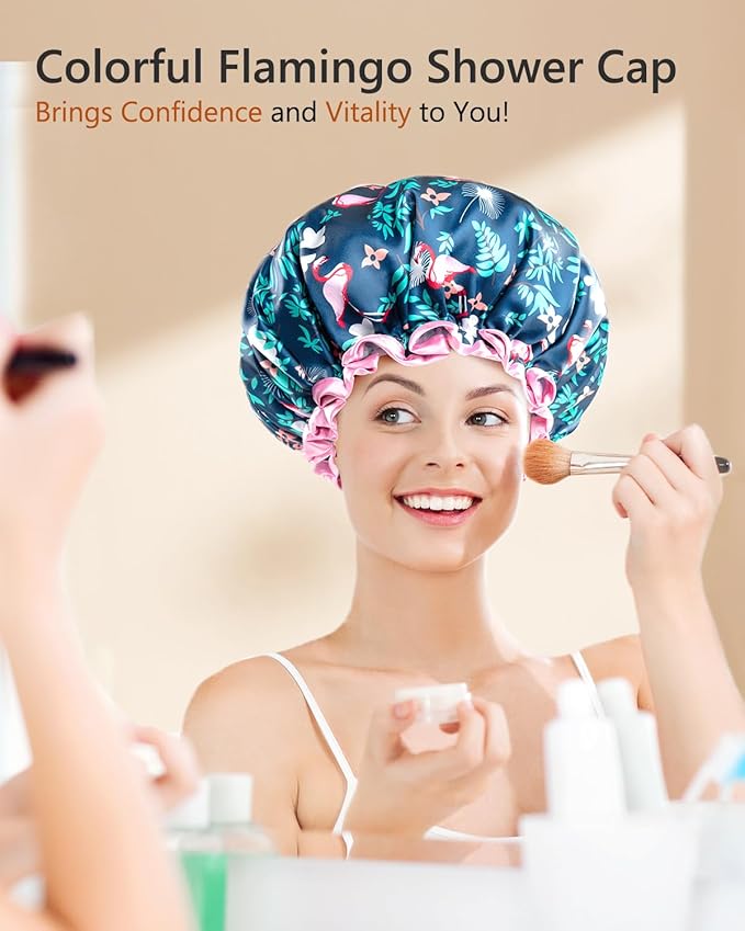 mikimini Flamingo Medium Shower Caps Pack of 2, Shower Cap for Girls and Women with Pink Lace, Reusable Waterproof Blue Shower Hat for Girls
