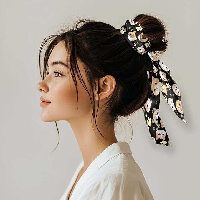 Cat Scarf Scrunchies for Women Paw Print 2 Piece Knotted Bow Hair Scrunchies Lightweight Bow Hair Tie with Knot Non Damage