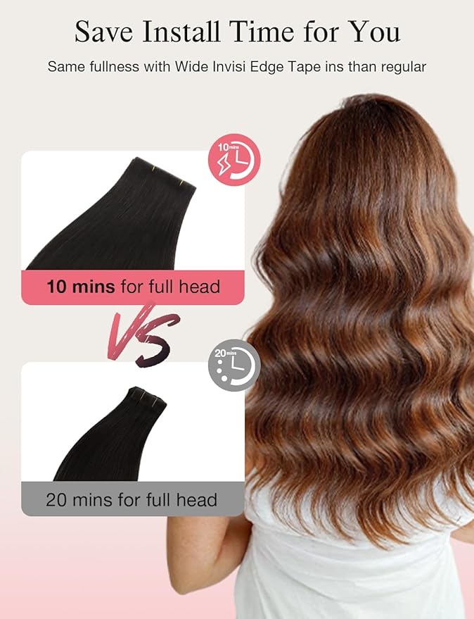 DOORES Invisi Edge Tape in Wide Hair Extensions Human Hair, Natural Black 4PCS Injection Tape ins 20g 24 Inch, Virgin Human 3 Inch Wide Injected Extensions Invisible