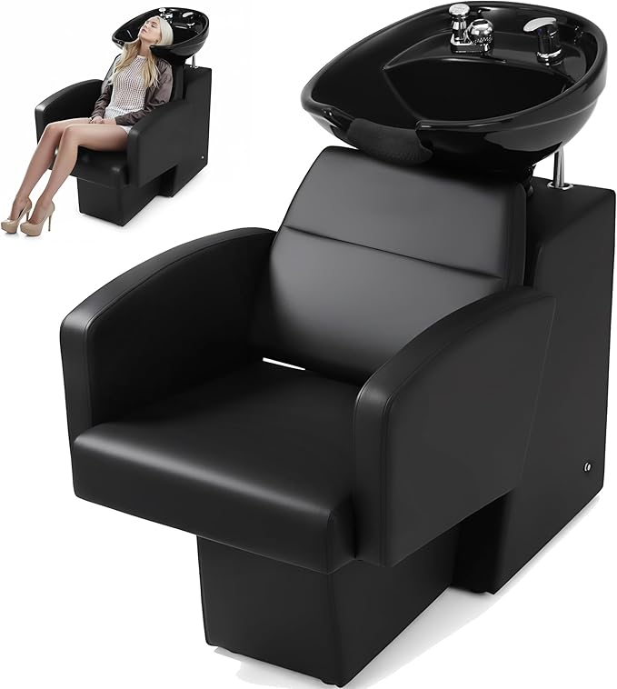 Salon Shampoo Bowl and Chair Set, Shampoo Barber Backwash Chair, Adjustable Splash-Proof Ceramic Bowl Hair Washing Station for Spa Beauty Salon