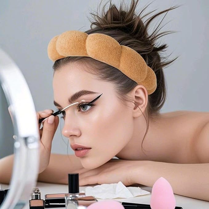 2Pcs Spa Headband for Washing Face & 1 Pairs Wristband Set Sponge Makeup Skincare Headband &Terry Cloth Bubble Soft Hairband for Women Girl Puffy Padded Headwear Non Slip Thick Hair Accessory (brown)