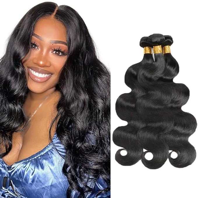 Natural Black Body Wave Human Hair Bundles Niegmeag Unprocessed Brazilian Virgin Remy Hair 3 Bundles 28 30 32 Inch Double Weft Soft and Silky Color 1B Body Wave Bundle Hair Weave
