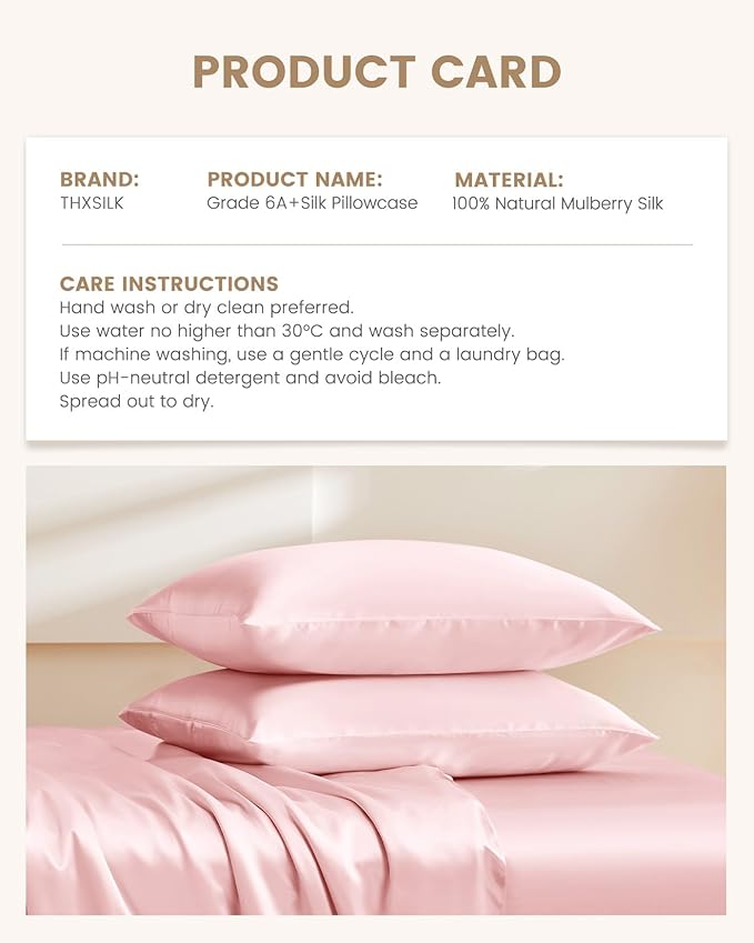 THXSILK 100% Mulberry Silk Pillowcase for Hair and Skin, Concealed Zipper, Both Sides Grade 6A+ Silk, Organic Silk Pillowcase Standard Size 20x26 inches, 1PC, Light Pink