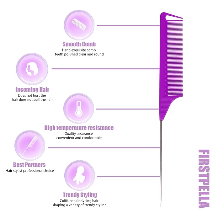 10 PCS Rat Tail Combs Set - Hair Teasing Fine Tooth Comb for Women Girls, Parting Comb for Braiding Hair Styling Tools & Appliances with Stainless Steel Pintail Carbon Fiber Heat Resistant