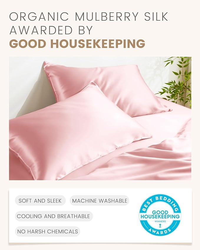 THXSILK Set of 2 100% Mulberry Silk Pillowcase for Hair and Skin Health, Soft Breathable and Smooth Pillowcases with Hidden Zipper, Both Sides Premium 6A+ Silk, California King 20"x40", Pink