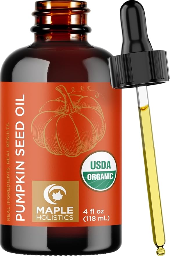 Maple Holistics Pumpkin Seed Oil Organic Certified - 100% Pure Organic Pumpkin Seed Oil for Hair and Anti Aging Face Oil - USDA Organic for Dry Hair and Volume - Virgin Cold Pressed & Unrefined (4oz)