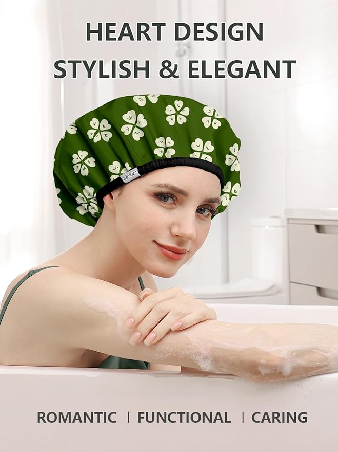 Years Calm Shower Caps For Women Reusable Waterproof，Pattern And Solid Color Dual-Layer Design For Dual-Layer Usable，Protects Hair In Shower, Spa, Cooking, Clean & Travel (Green, Extra Large)