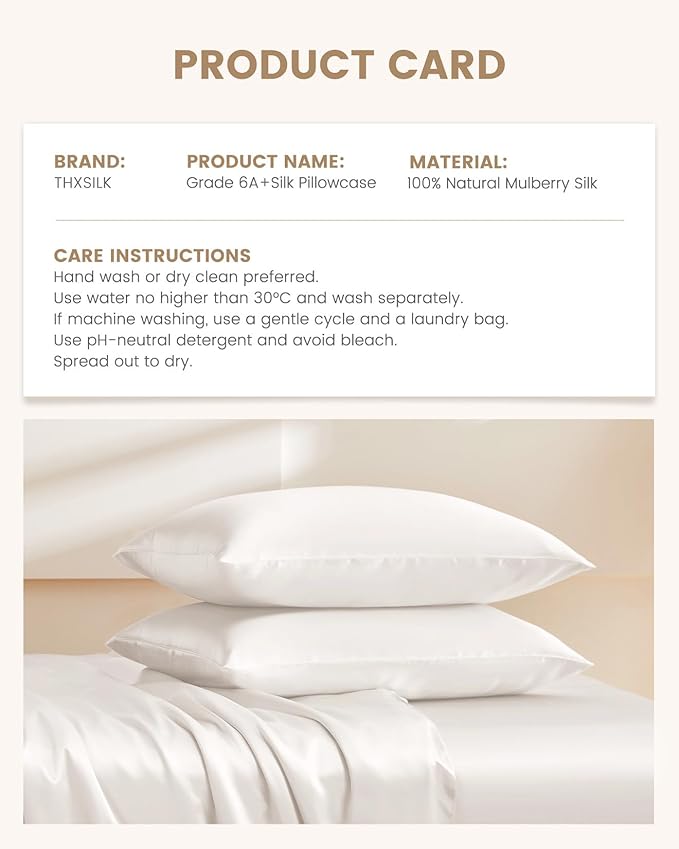 THXSILK 100% Pure Mulberry Silk Pillowcase for Hair and Skin, Grade 6A+ Mulberry Silk, Durable, Soft and Breathable Silk Pillow Case (King 20"x36", White)