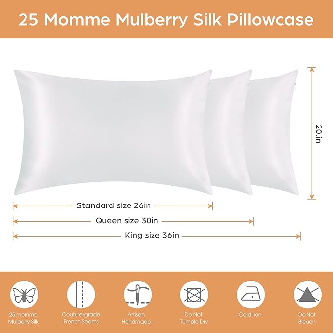 Silk Pillowcase for Hair and Skin, 2 Pack 100% Mulberry Silk Pillowcase 25 Momme, 600 Thread Count, Both Side Pure Silk Pillow Cover with Hidden Zipper (White, Standard 20''×26'')