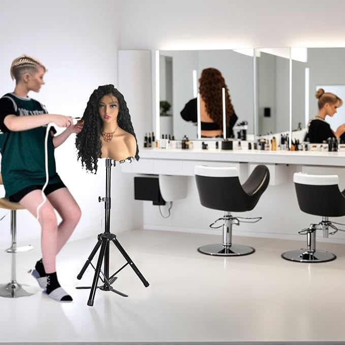 Upgraded Wig Stand Tripod, 55" Heavy Duty Reinforced Adjustable Mannequin Head Stand Tripod for Styling Cosmetology Hairdressing Training, Metal Wig Head Stand Holder with Wig Caps,Paddle Comb T-Pins (55" Black Tripod with Pedal)
