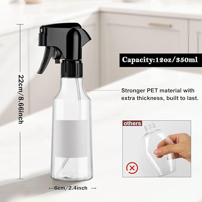 Plastic Spray Bottles 12oz Continuous Spray Bottle Mist Spraying Heavy Duty Empty Water Spray Bottles for Hair, Cleaning Solutions, Plants，Essential Oils 2 Pack (Clear-2pcs)